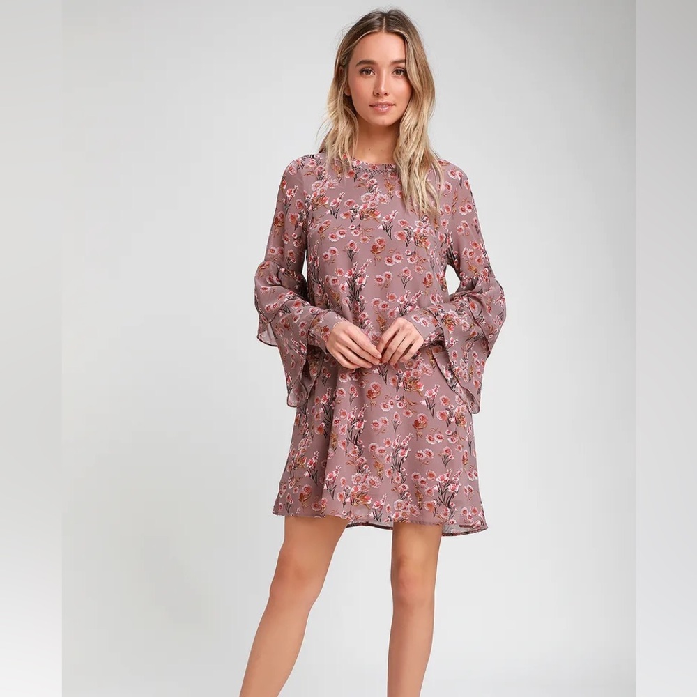Lulus Day Date Mauve Floral Print Tiered Flounce Sleeve Mini Dress